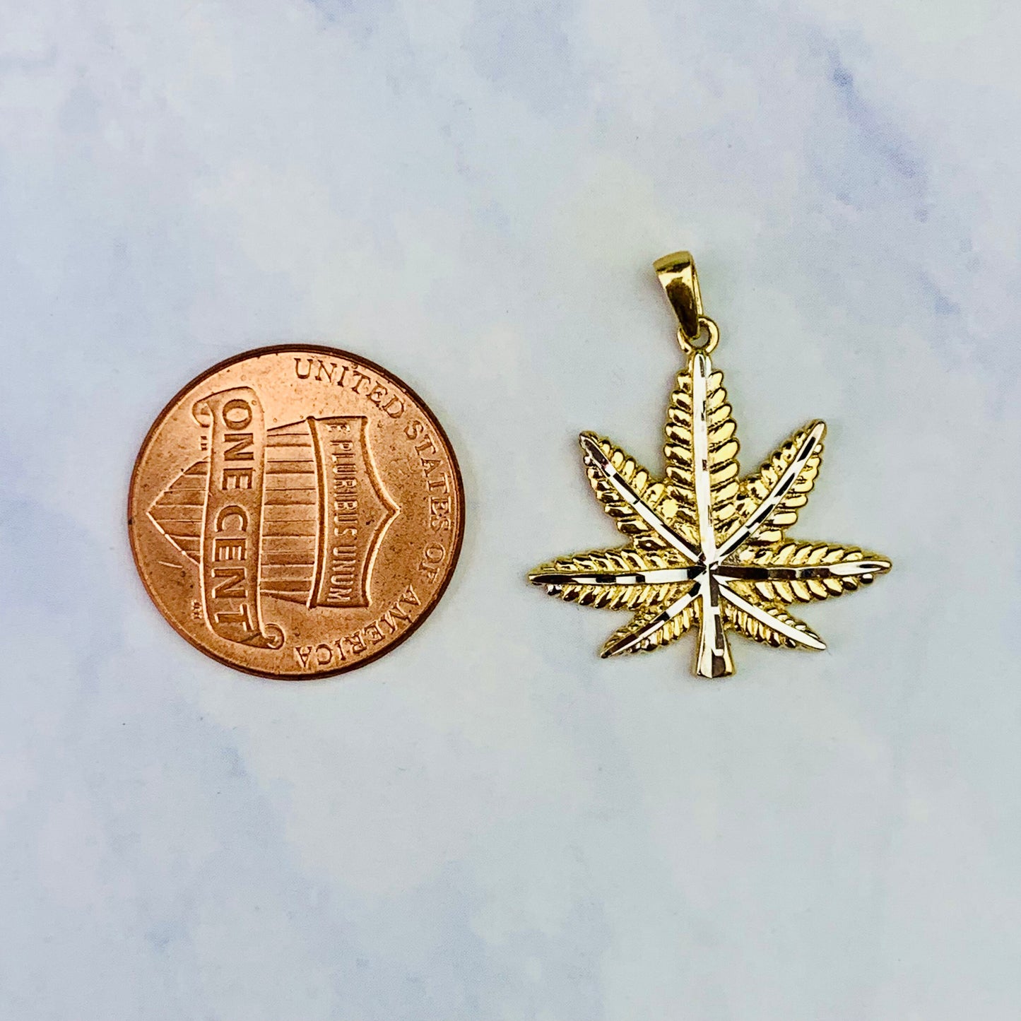 14K Yellow Gold Two Tone Gold Marijuana Leaf Charm / Pendant - 9.7mm x 9.7mm *optional 14K Gold Cable Link Chain 16" or 18"