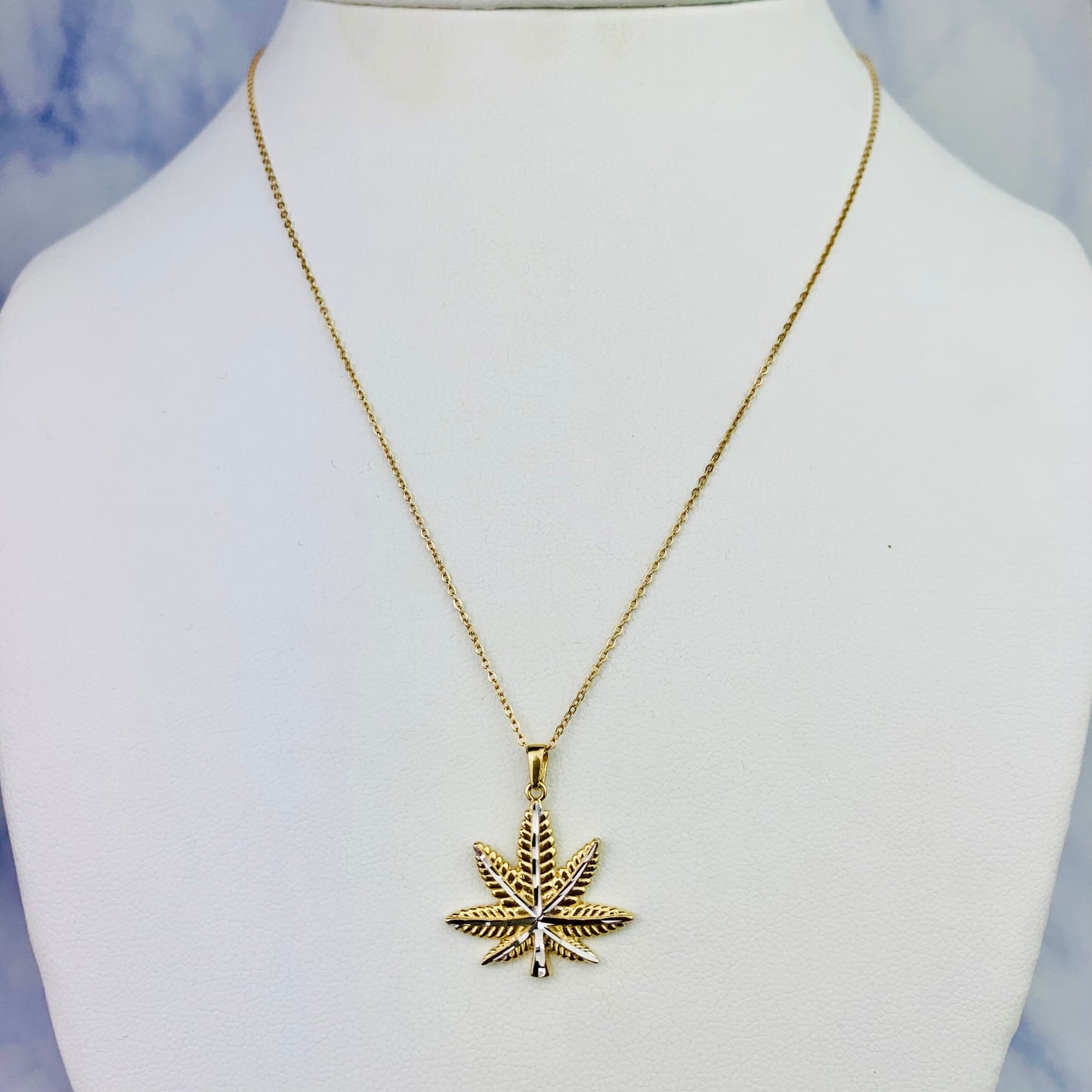 14K Yellow Gold Two Tone Gold Marijuana Leaf Charm / Pendant - 9.7mm x 9.7mm *optional 14K Gold Cable Link Chain 16" or 18"