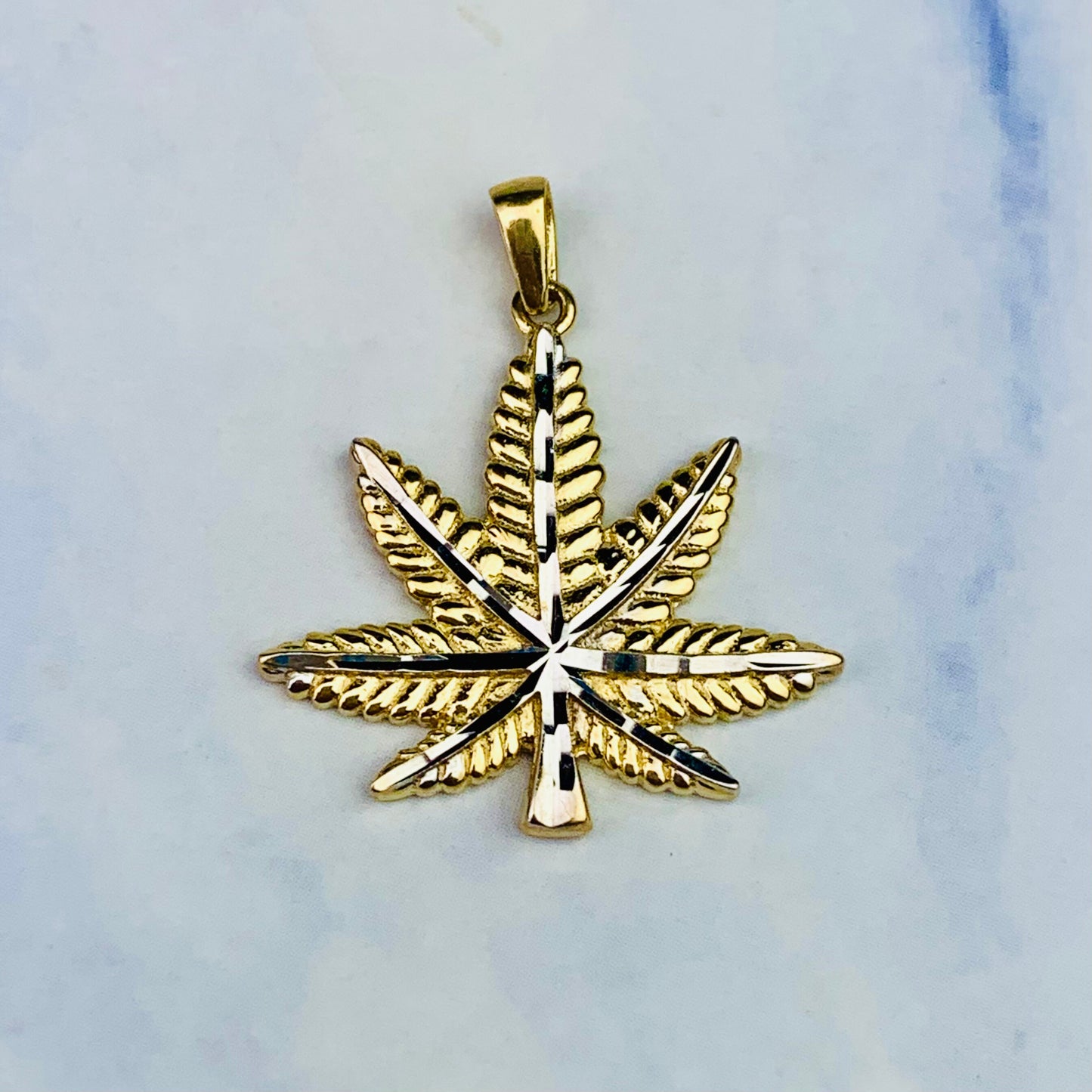 14K Yellow Gold Two Tone Gold Marijuana Leaf Charm / Pendant - 9.7mm x 9.7mm *optional 14K Gold Cable Link Chain 16" or 18"