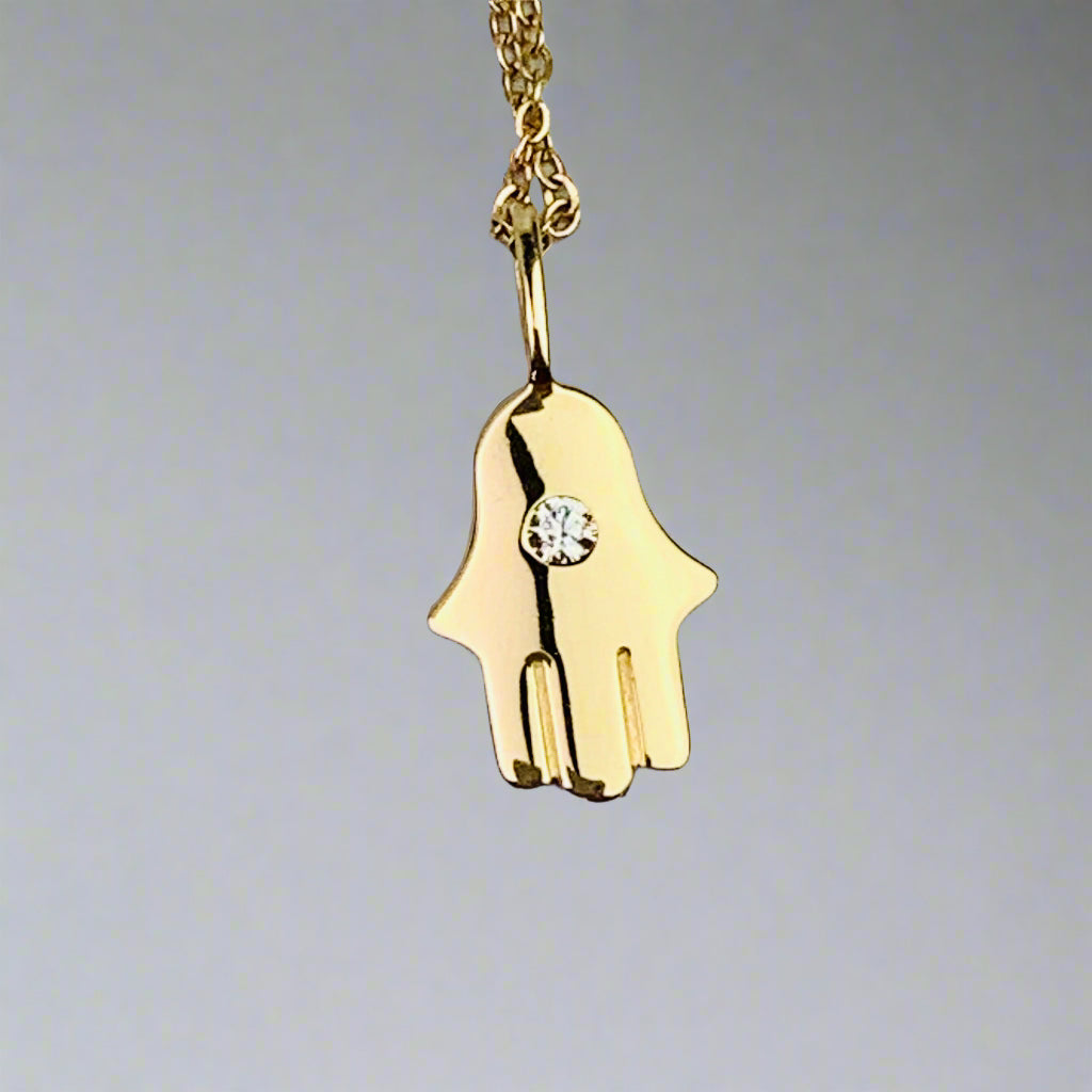 14K Solid Yellow Gold Hamsa Hand Charm with CZ / Necklace *optional 14K Gold Cable Link Chain 16" or 18"