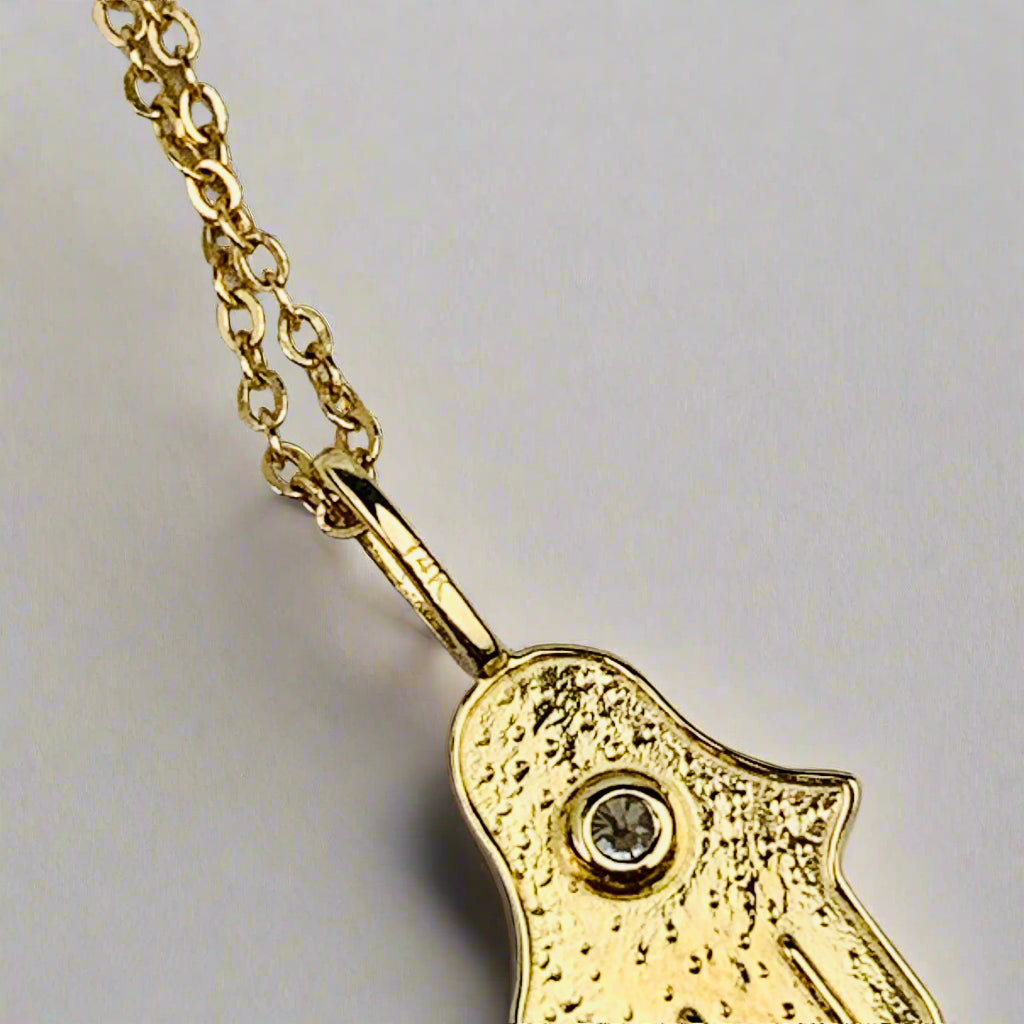 14K Solid Yellow Gold Hamsa Hand Charm with CZ / Necklace *optional 14K Gold Cable Link Chain 16" or 18"
