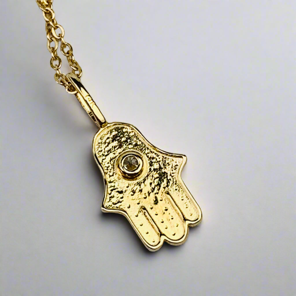 14K Solid Yellow Gold Hamsa Hand Charm with CZ / Necklace *optional 14K Gold Cable Link Chain 16" or 18"