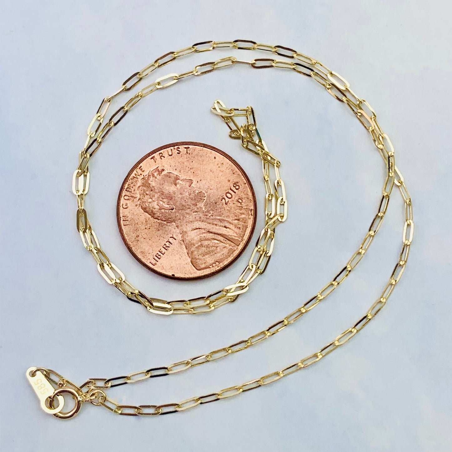 14K Solid Yellow Gold 1.3mm Paperclip Chain - 16" or 18"