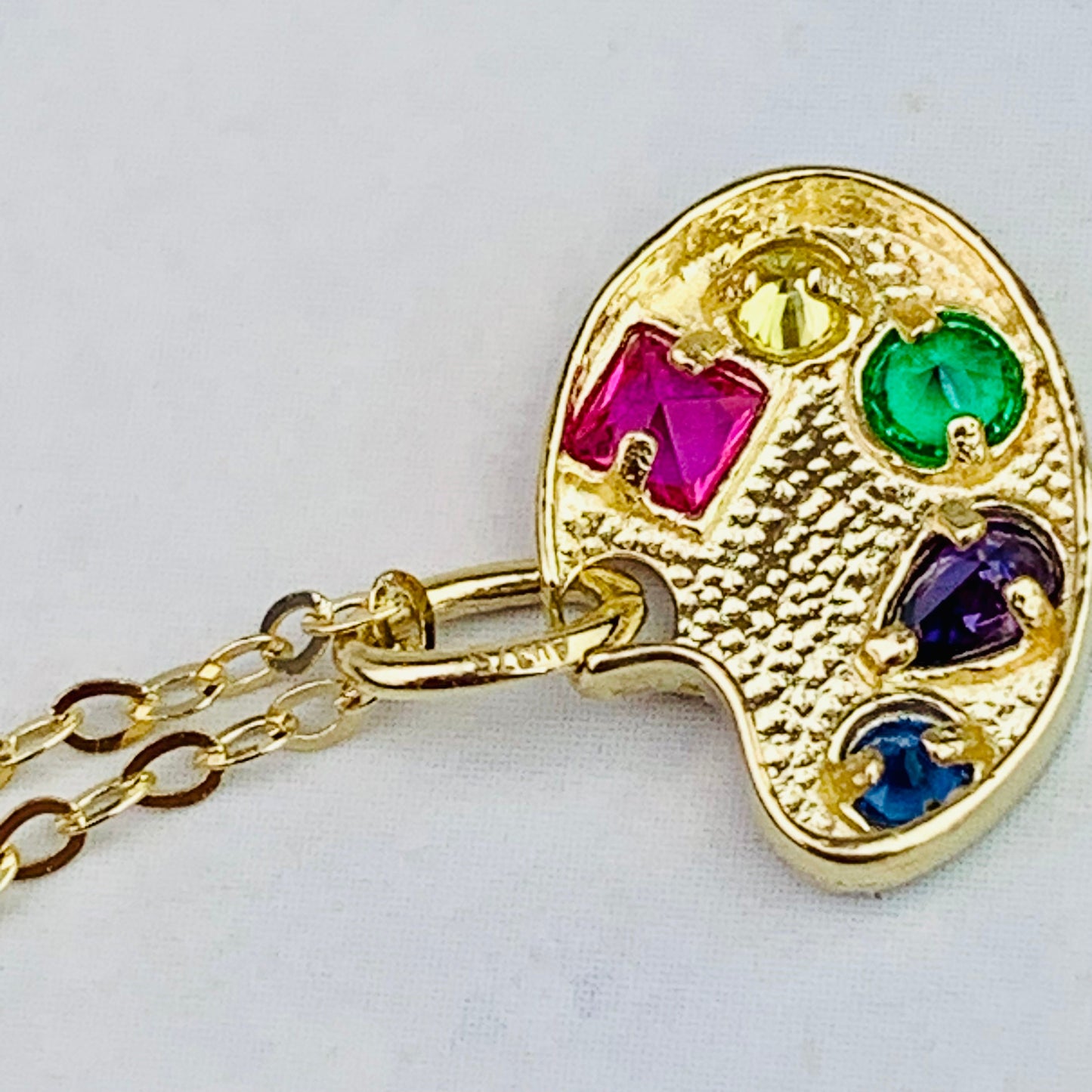9K Solid Yellow Gold Artist's Palette Charm with Multi color CZ stones *optional 14K Gold Cable Link Chain 16" or 18"