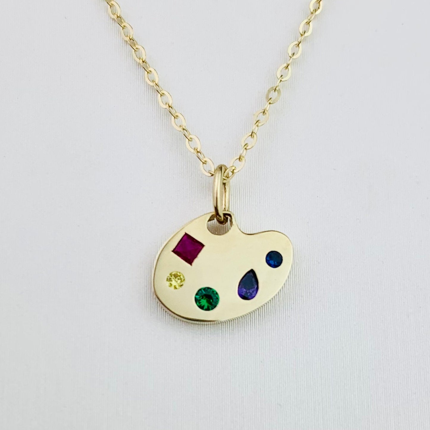9K Solid Yellow Gold Artist's Palette Charm with Multi color CZ stones *optional 14K Gold Cable Link Chain 16" or 18"