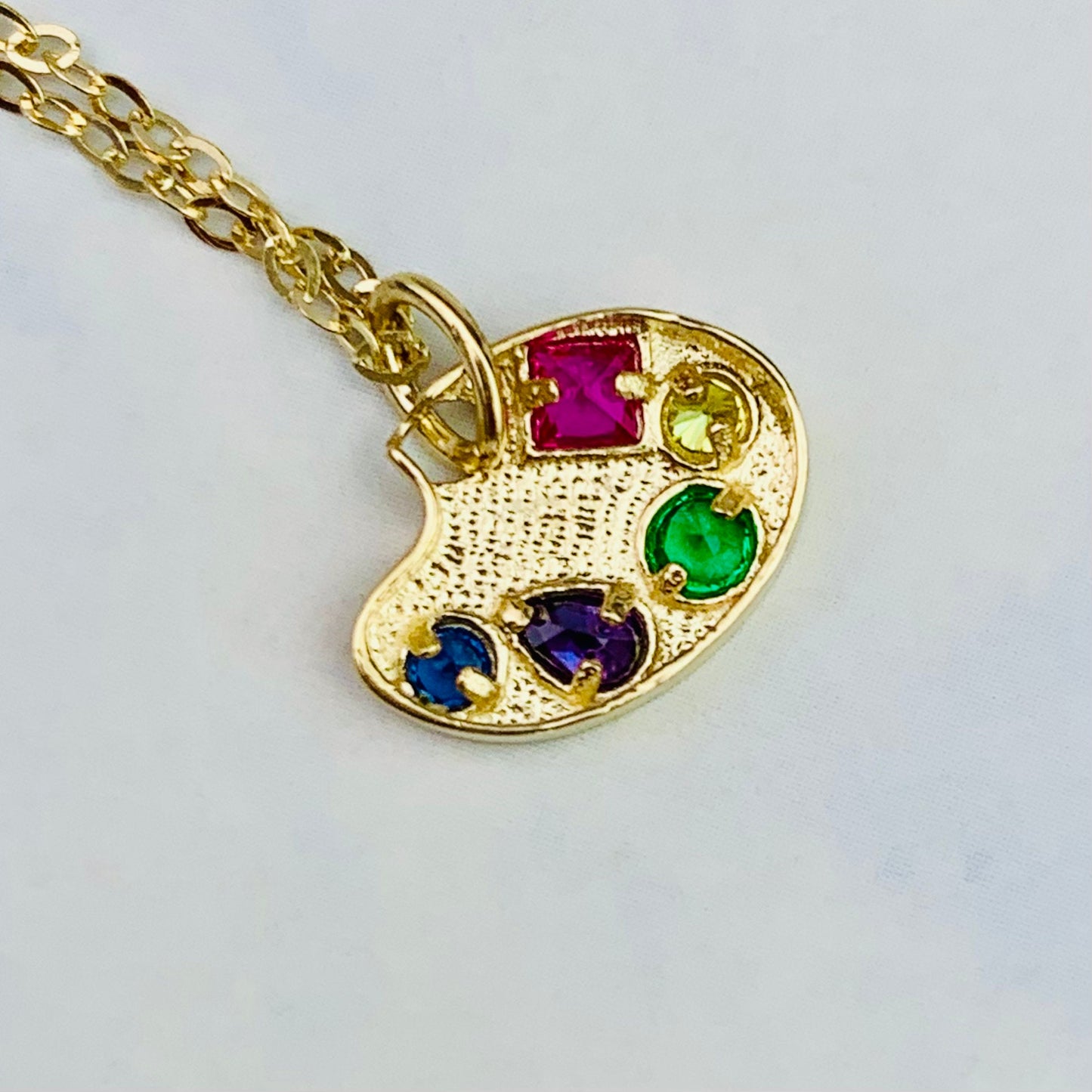 9K Solid Yellow Gold Artist's Palette Charm with Multi color CZ stones *optional 14K Gold Cable Link Chain 16" or 18"