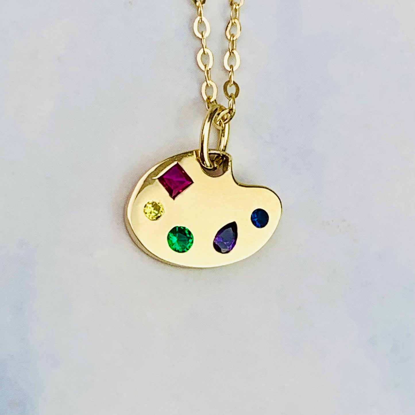 9K Solid Yellow Gold Artist's Palette Charm with Multi color CZ stones *optional 14K Gold Cable Link Chain 16" or 18"