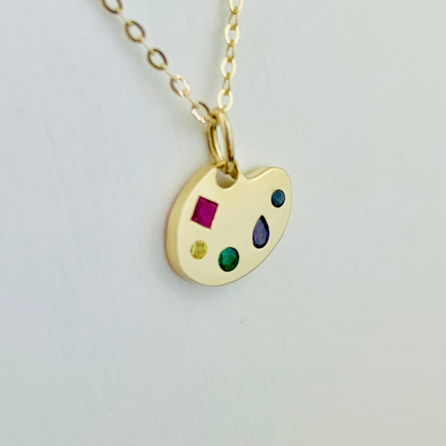 9K Solid Yellow Gold Artist's Palette Charm with Multi color CZ stones *optional 14K Gold Cable Link Chain 16" or 18"