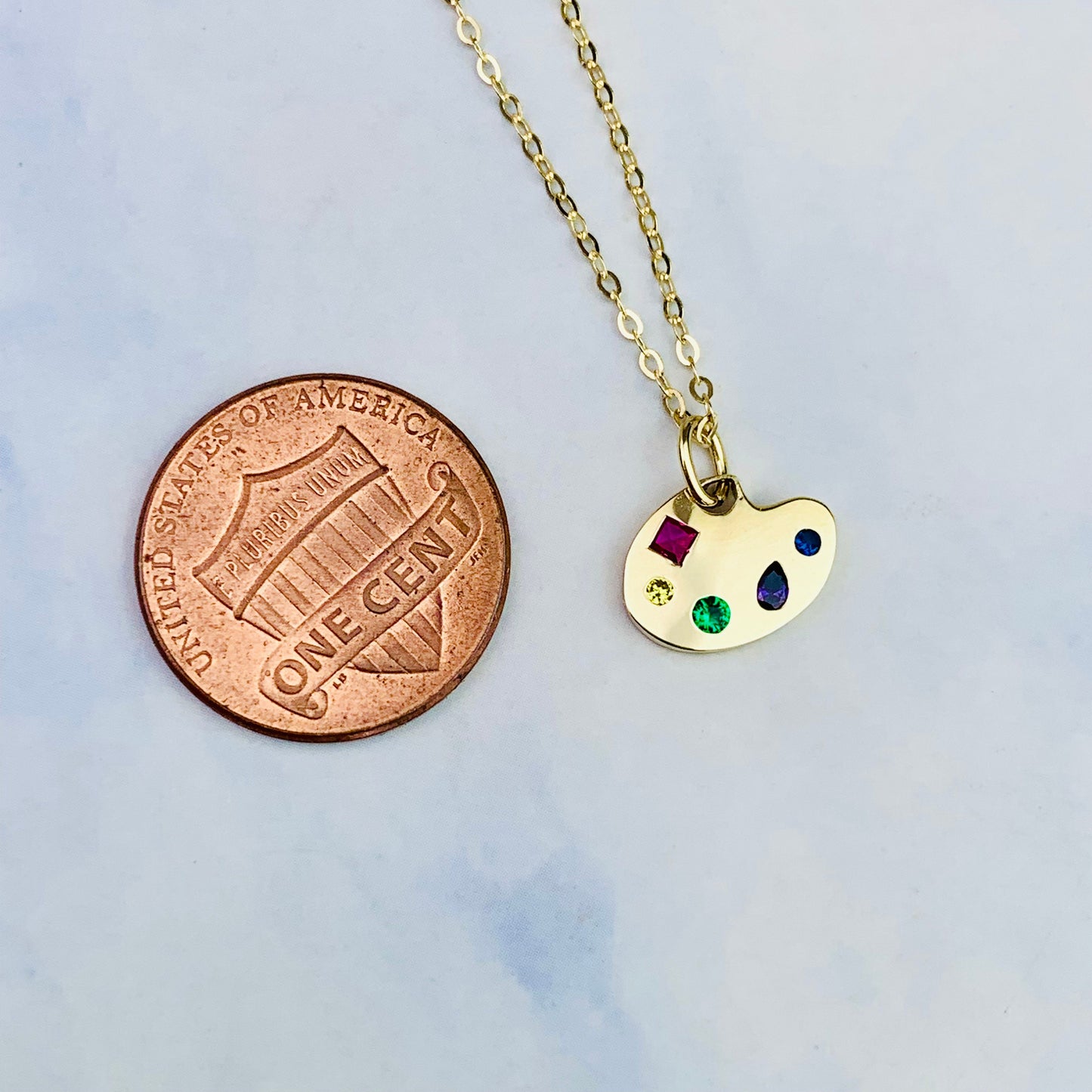 9K Solid Yellow Gold Artist's Palette Charm with Multi color CZ stones *optional 14K Gold Cable Link Chain 16" or 18"