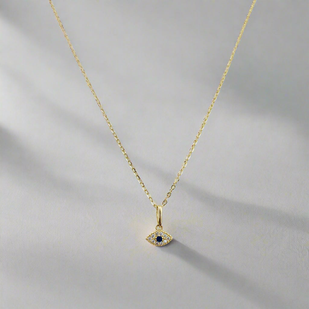 14K Solid Gold Tiny Evil Eye Charm with Clear and Blue CZ stones *optional 14K Gold Cable Link Chain 16" or 18"