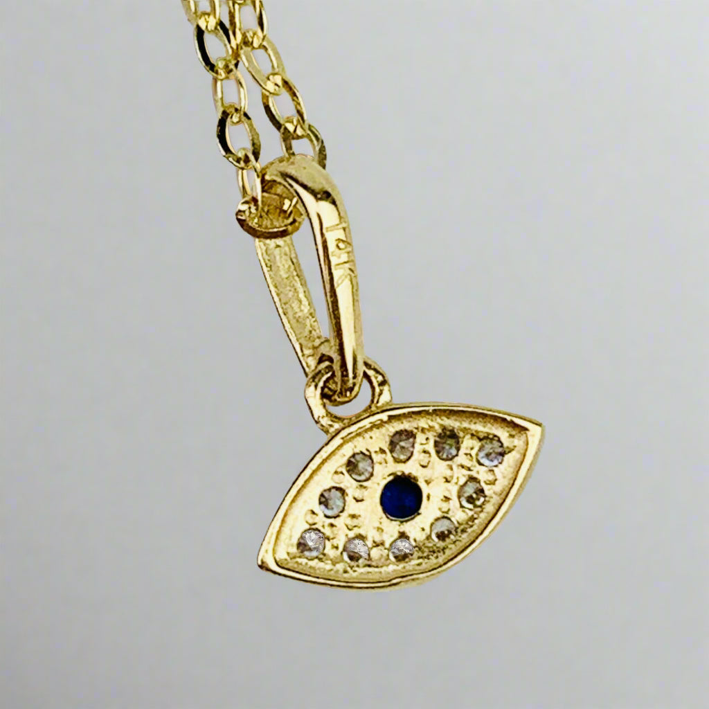 14K Solid Gold Tiny Evil Eye Charm with Clear and Blue CZ stones *optional 14K Gold Cable Link Chain 16" or 18"