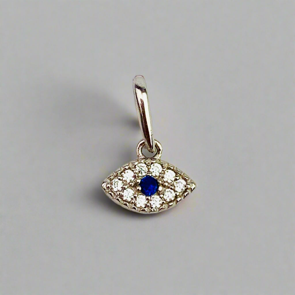 14K Solid Gold Tiny Evil Eye Charm with Clear and Blue CZ stones *optional 14K Gold Cable Link Chain 16" or 18"