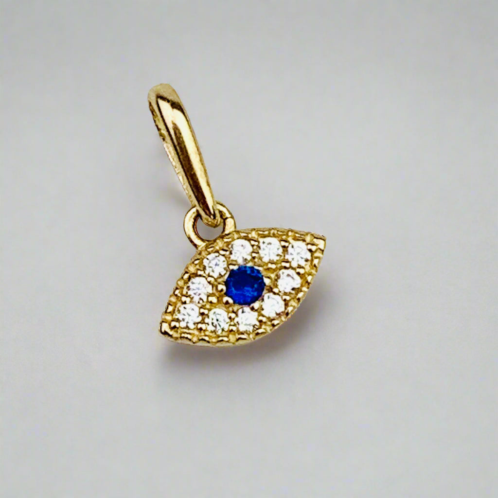 14K Solid Gold Tiny Evil Eye Charm with Clear and Blue CZ stones *optional 14K Gold Cable Link Chain 16" or 18"