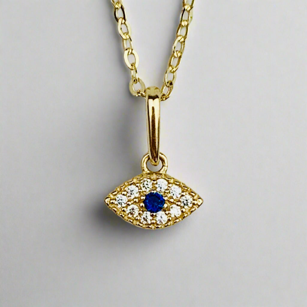 14K Solid Gold Tiny Evil Eye Charm with Clear and Blue CZ stones *optional 14K Gold Cable Link Chain 16" or 18"