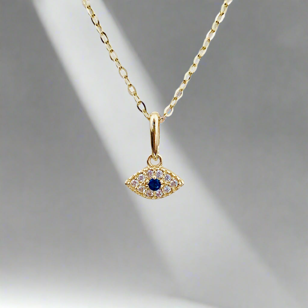 14K Solid Gold Tiny Evil Eye Charm with Clear and Blue CZ stones *optional 14K Gold Cable Link Chain 16" or 18"