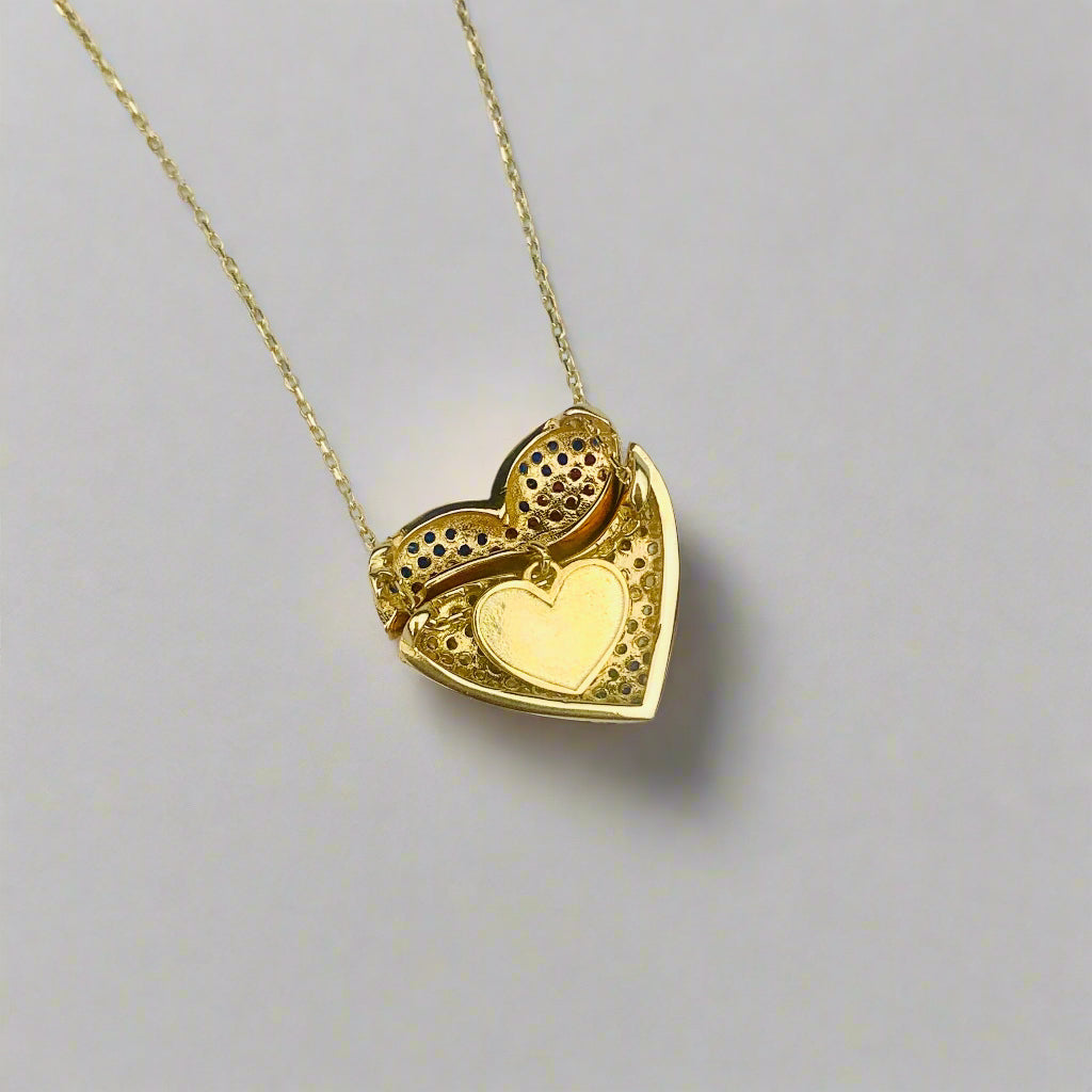 14K Solid Yellow Gold Paved CZ Puffy Heart with a Secret Gold Heart - Mechanic Charm Necklace - 18" - 19"