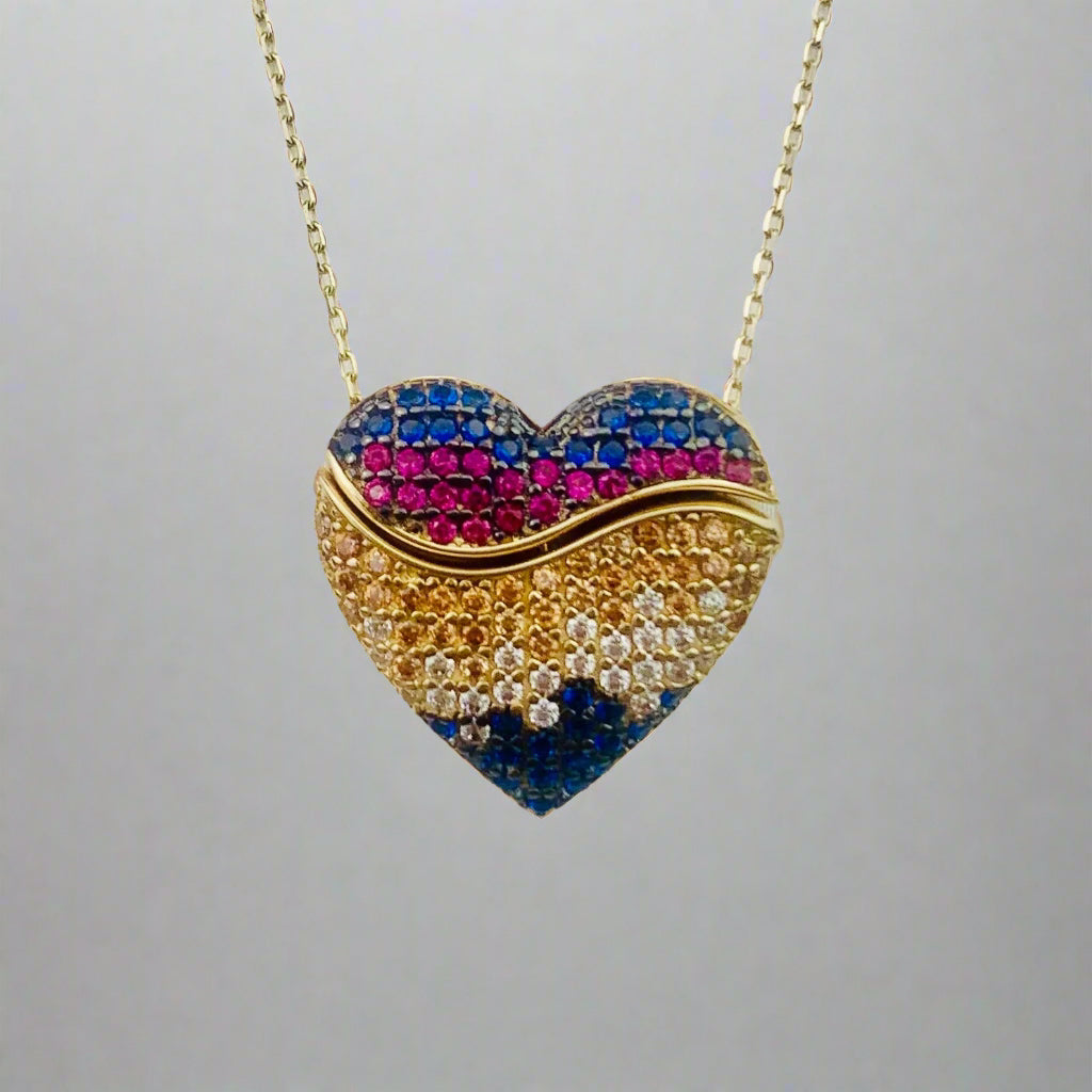 14K Solid Yellow Gold Paved CZ Puffy Heart with a Secret Gold Heart - Mechanic Charm Necklace - 18" - 19"