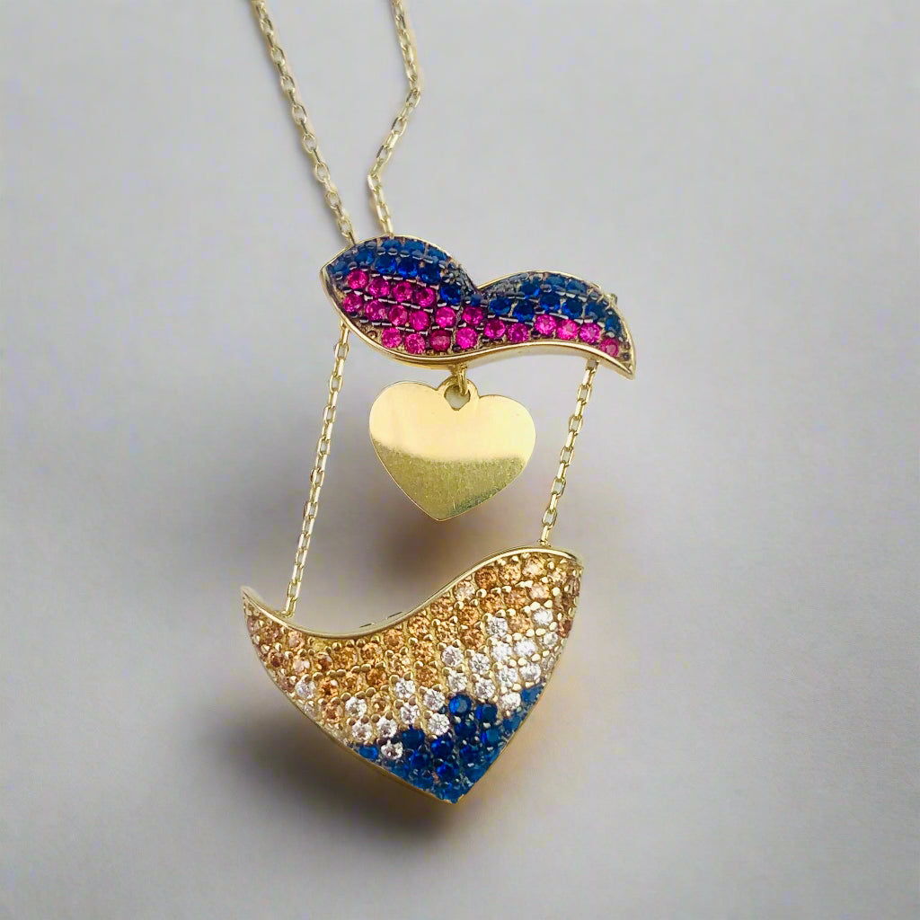 14K Solid Yellow Gold Paved CZ Puffy Heart with a Secret Gold Heart - Mechanic Charm Necklace - 18" - 19"
