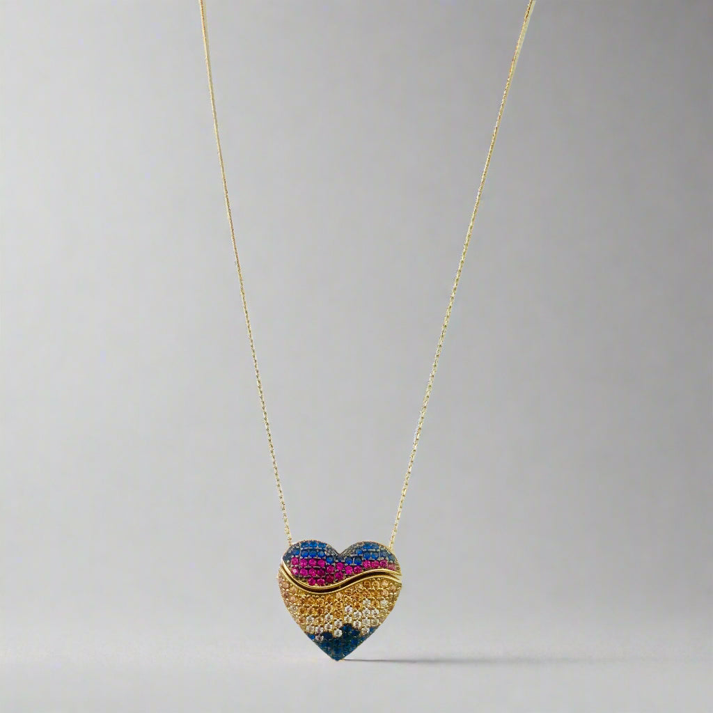 14K Solid Yellow Gold Paved CZ Puffy Heart with a Secret Gold Heart - Mechanic Charm Necklace - 18" - 19"
