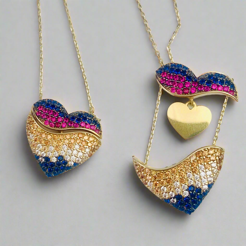 14K Solid Yellow Gold Paved CZ Puffy Heart with a Secret Gold Heart - Mechanic Charm Necklace - 18" - 19"
