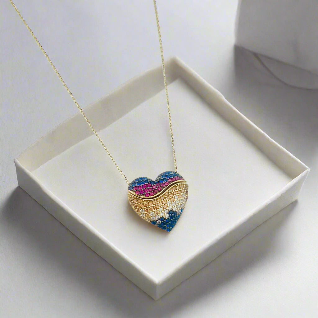 14K Solid Yellow Gold Paved CZ Puffy Heart with a Secret Gold Heart - Mechanic Charm Necklace - 18" - 19"