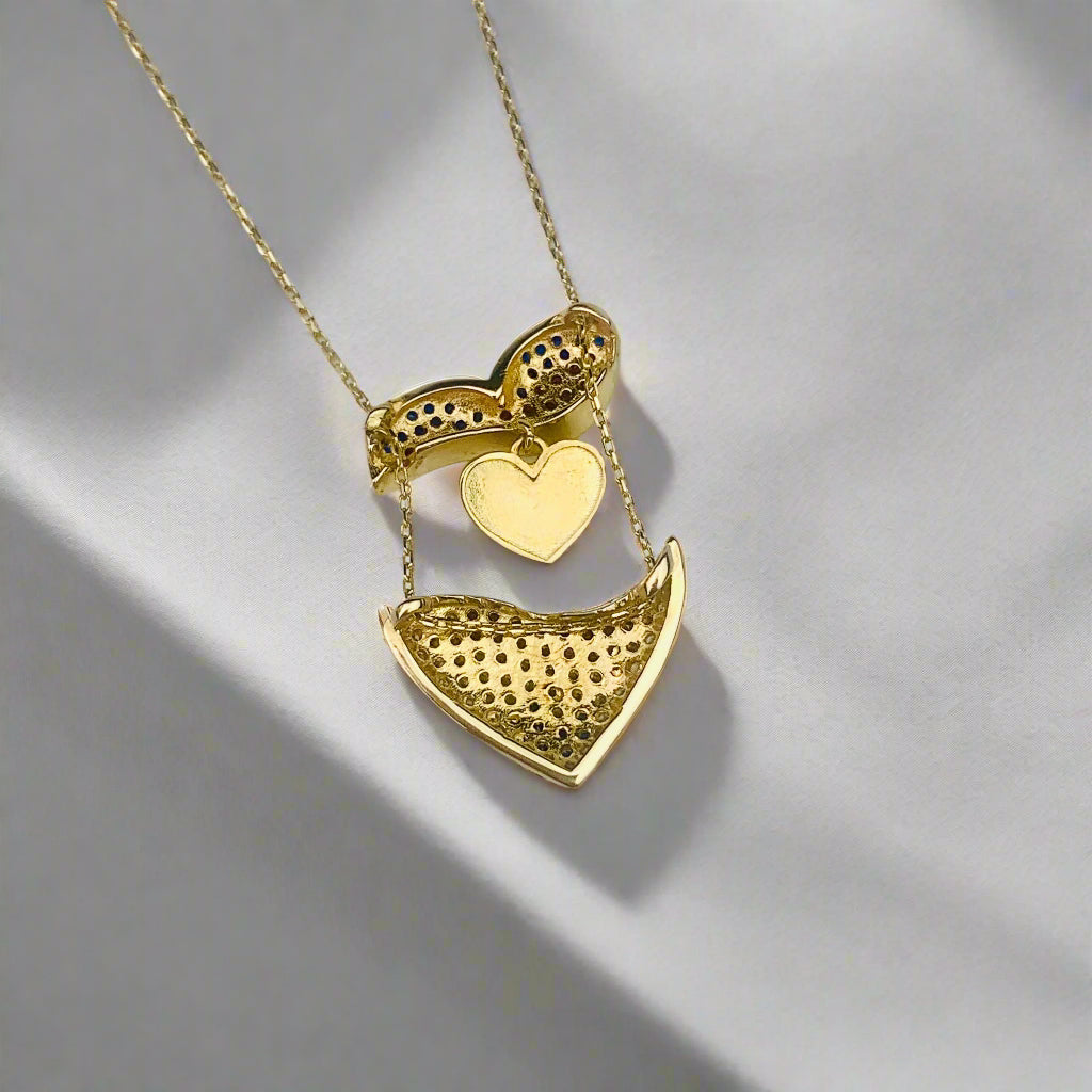 14K Solid Yellow Gold Paved CZ Puffy Heart with a Secret Gold Heart - Mechanic Charm Necklace - 18" - 19"