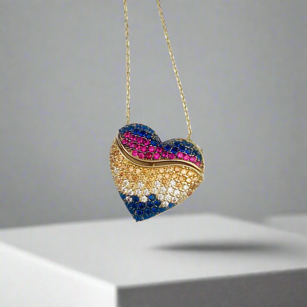 14K Solid Yellow Gold Paved CZ Puffy Heart with a Secret Gold Heart - Mechanic Charm Necklace - 18" - 19"