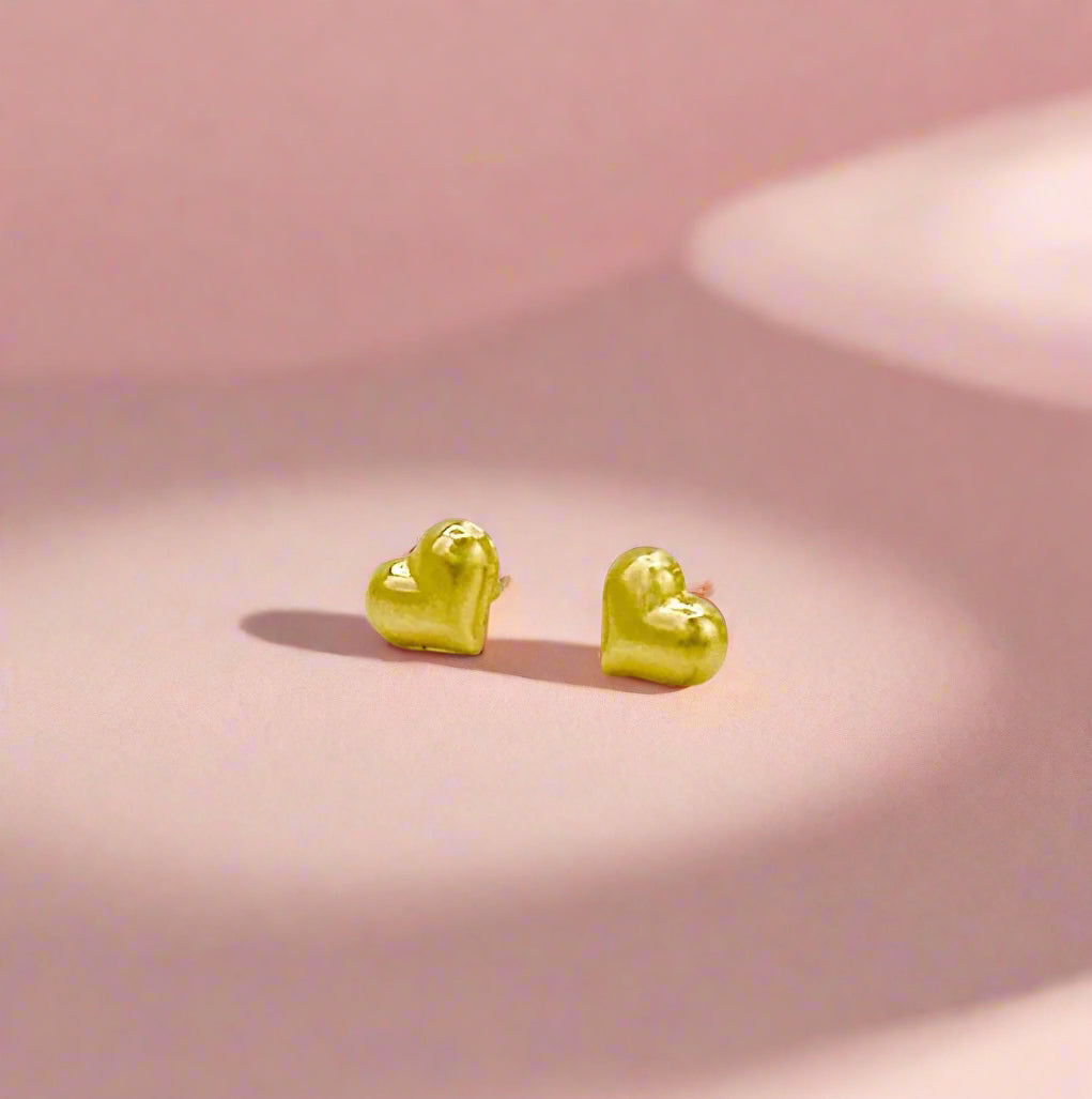 14K Yellow Gold Small Puffy Heart Stud Earrings - Solid Gold