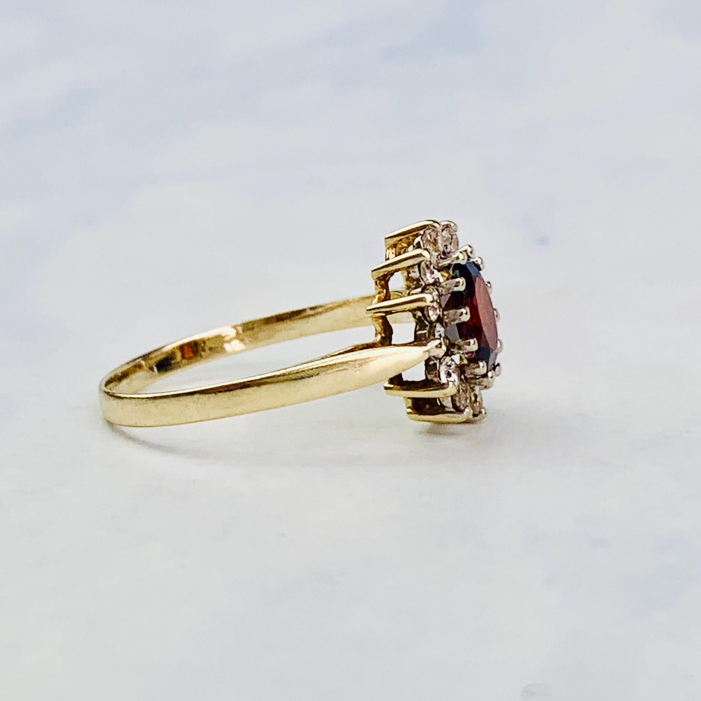Vintage 9K / 9ct Gold Oval Red and White CZ Halo Statement Ring / Cocktail Ring - Size 6 US