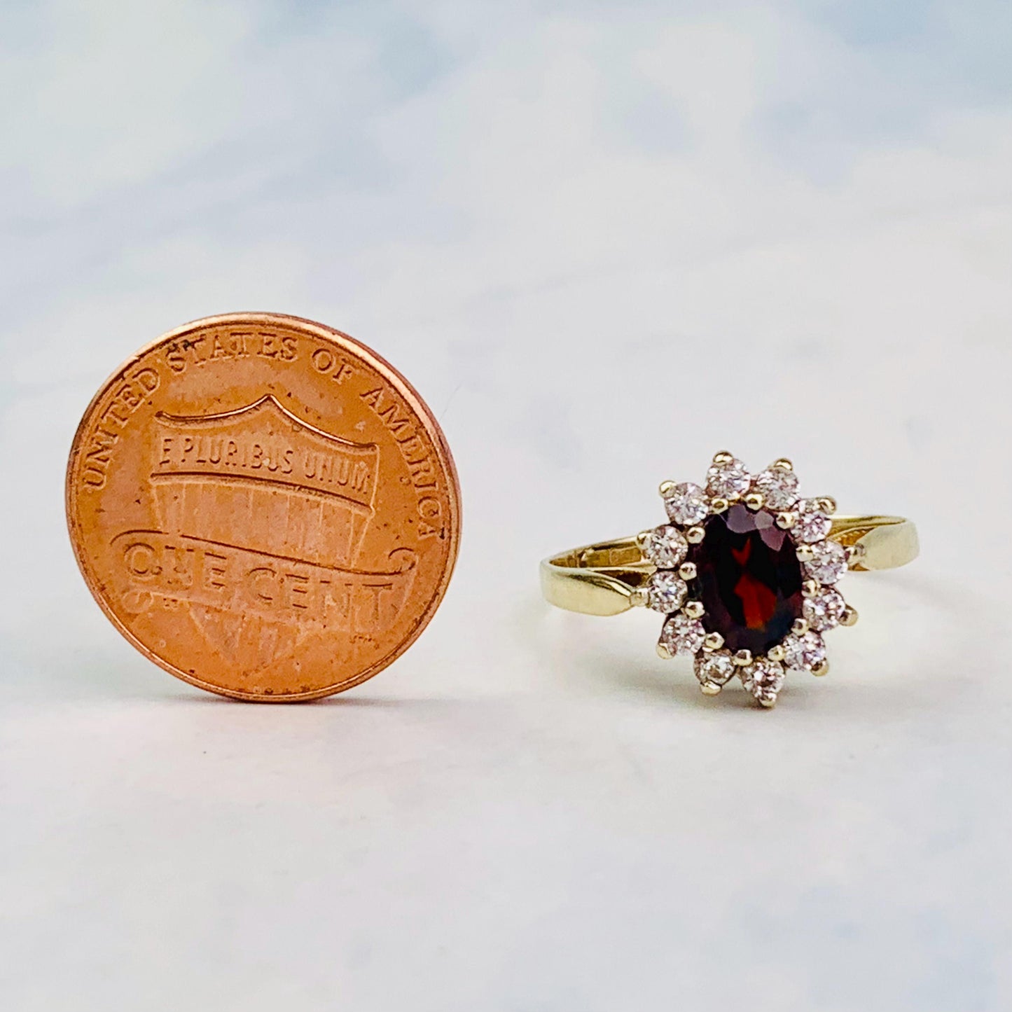 Vintage 9K / 9ct Gold Oval Red and White CZ Halo Statement Ring / Cocktail Ring - Size 6 US