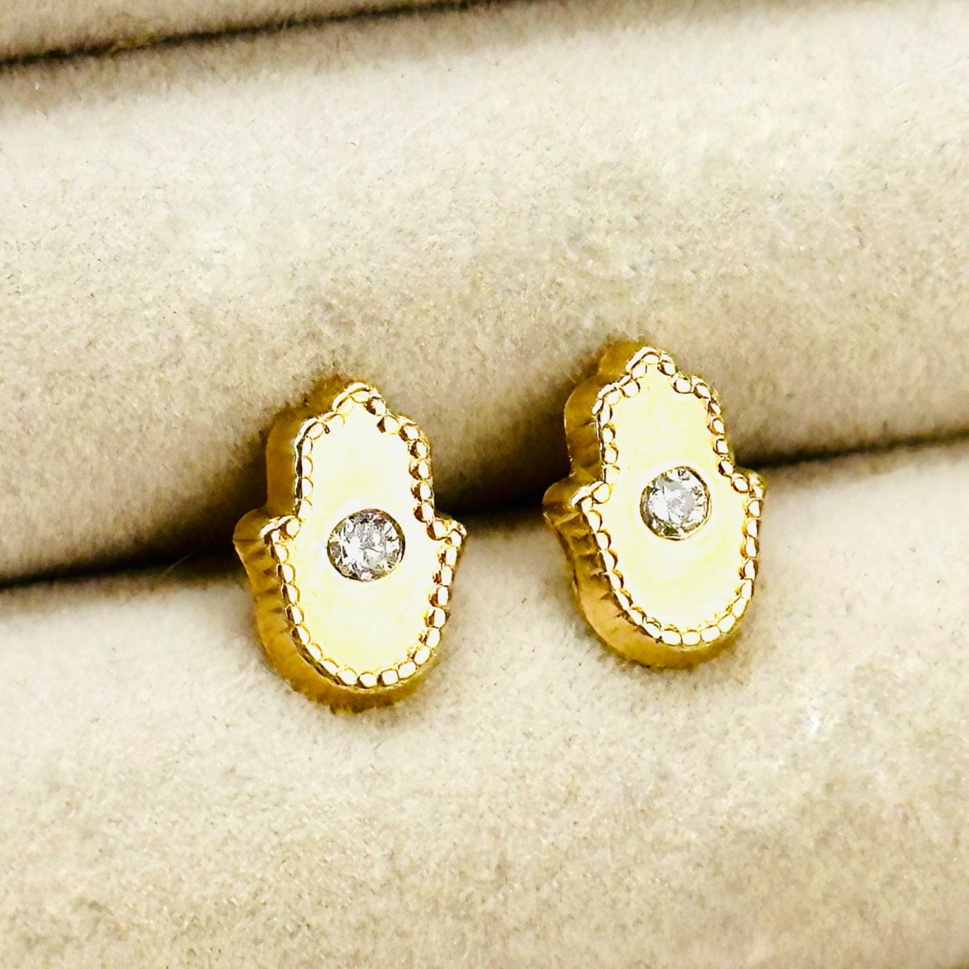 14K Solid Gold Cubic Zirconia Hamsa / Evil Eye Stud Earring