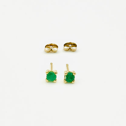 14K Solid Gold Genuine Emerald Four Prong Stud Earring