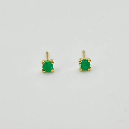 14K Solid Gold Genuine Emerald Four Prong Stud Earring