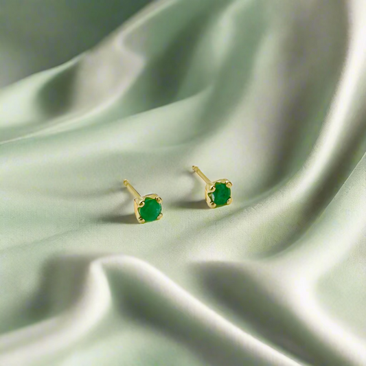 14K Solid Gold Genuine Emerald Four Prong Stud Earring