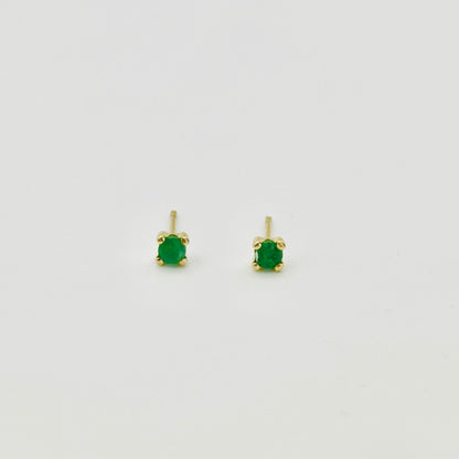 14K Solid Gold Genuine Emerald Four Prong Stud Earring