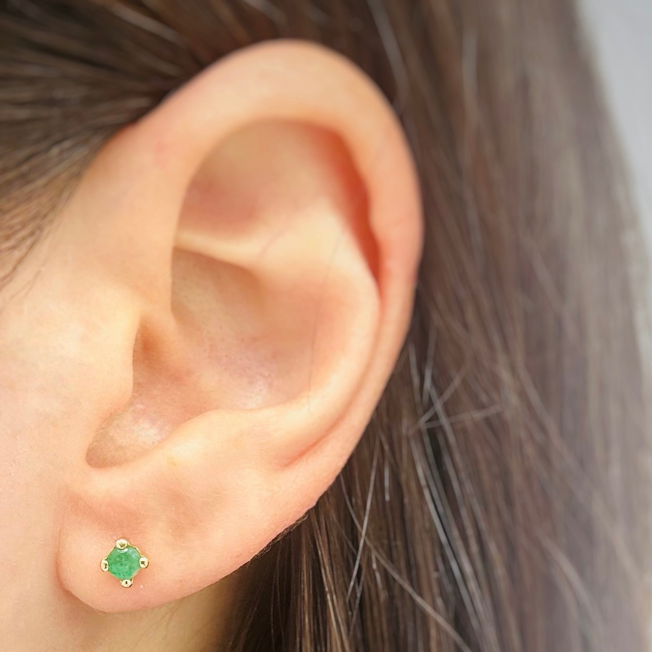 14K Solid Gold Genuine Emerald Four Prong Stud Earring