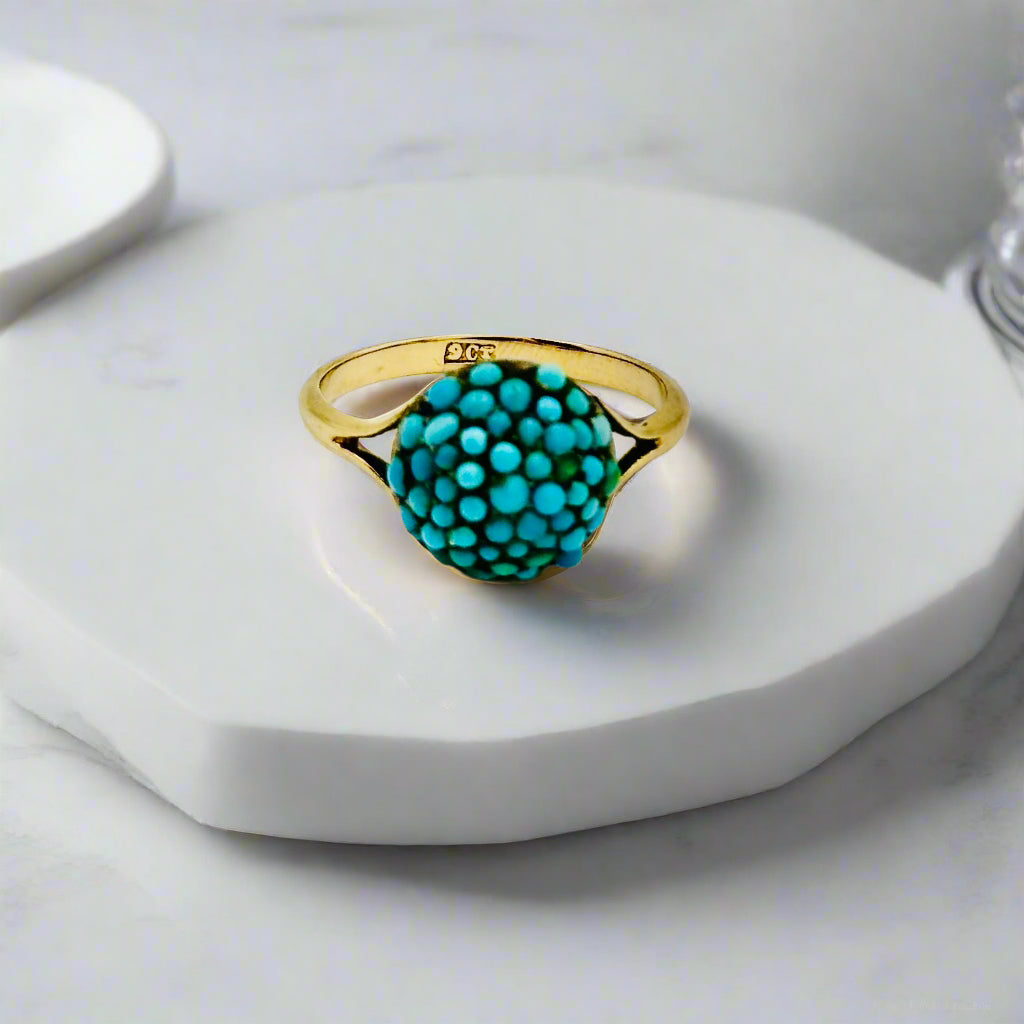 Antique Victorian 9k Gold Pavé Turquoise Bombe Dome Ring - Size 9 US