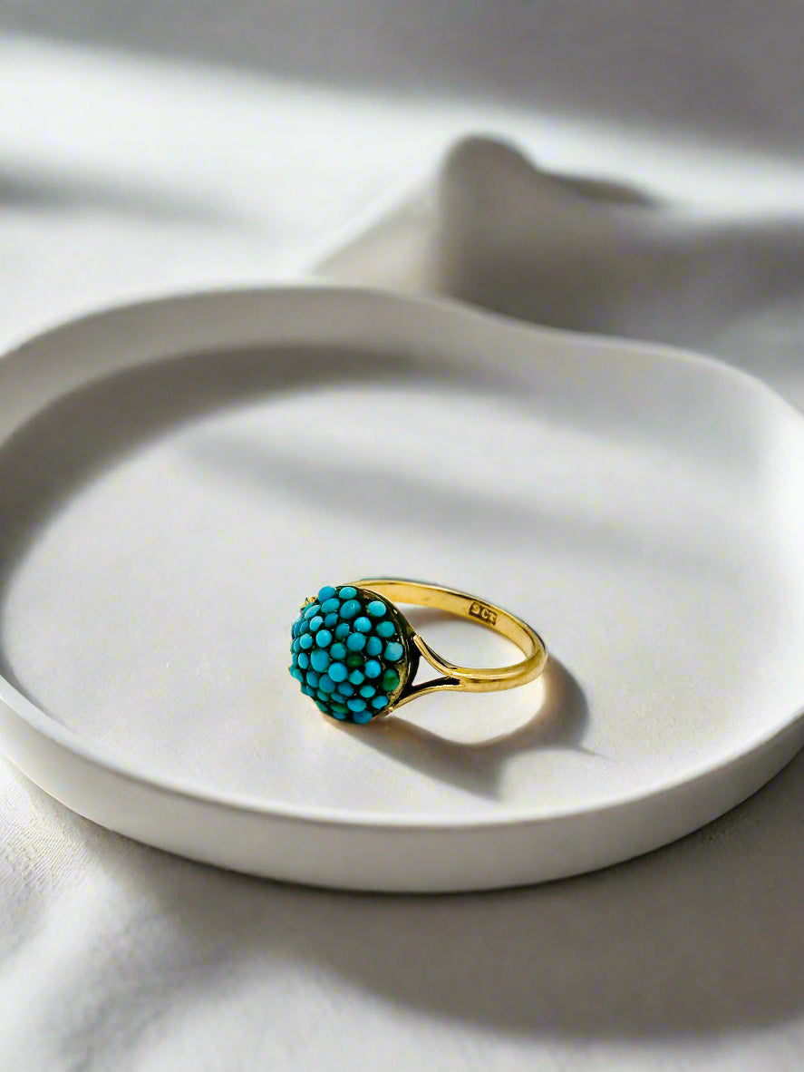 Antique Victorian 9k Gold Pavé Turquoise Bombe Dome Ring - Size 9 US