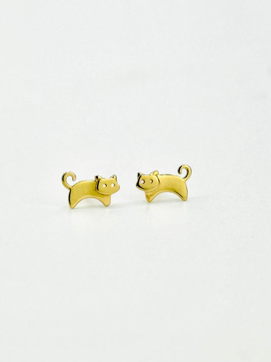 14K Solid Gold Tiny Delicate Cat Stud Earrings / Kitty Studs - Single or Pair