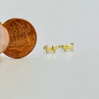 14K Solid Gold Tiny Delicate Cat Stud Earrings / Kitty Studs - Single or Pair