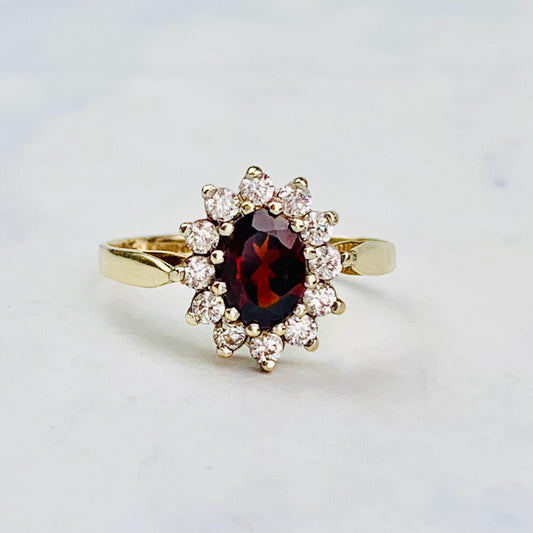 Vintage 9K / 9ct Gold Oval Red and White CZ Halo Statement Ring / Cocktail Ring - Size 6 US