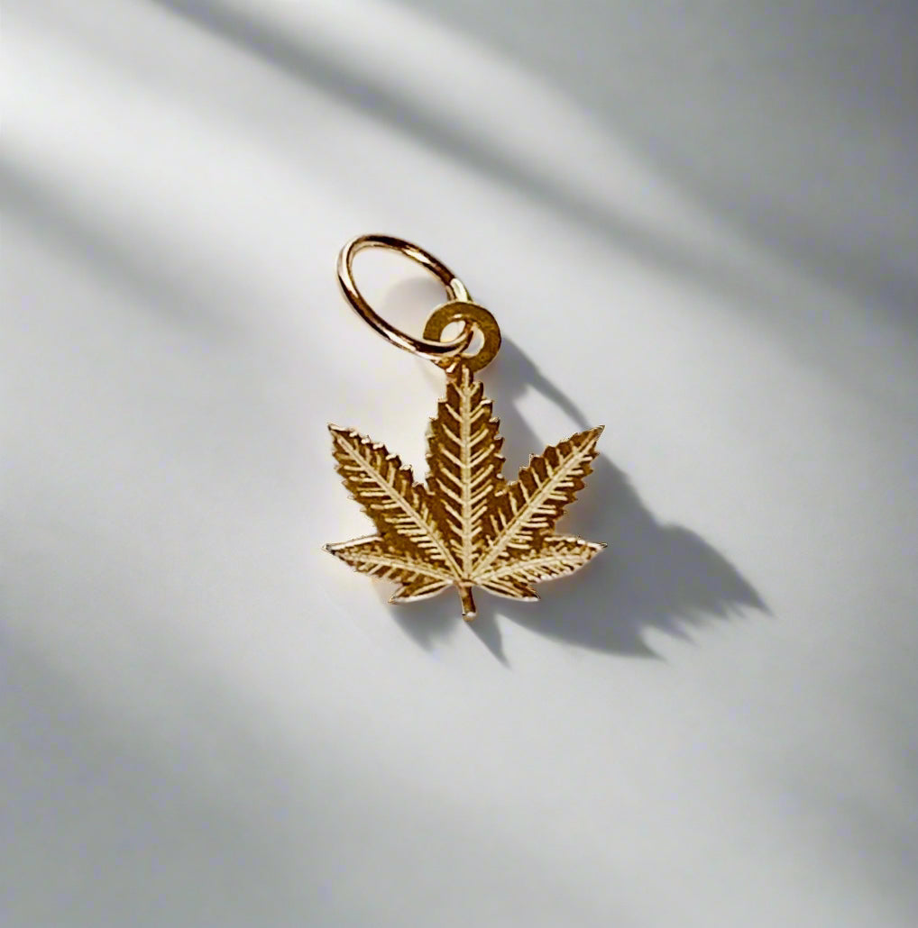 14K Solid Yellow Gold Tiny Delicate Marijuana Leaf / Cannabis Leaf Charm / Pendant 9mm x 7.2mm optional 14K Gold Cable Link Chain 16" or 18"