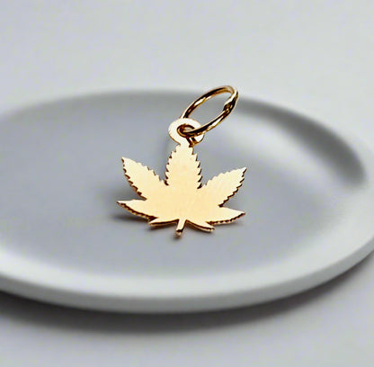 14K Solid Yellow Gold Tiny Delicate Marijuana Leaf / Cannabis Leaf Charm / Pendant 9mm x 7.2mm optional 14K Gold Cable Link Chain 16" or 18"