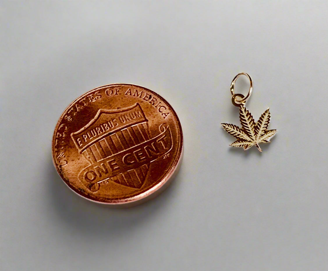 14K Solid Yellow Gold Tiny Delicate Marijuana Leaf / Cannabis Leaf Charm / Pendant 9mm x 7.2mm optional 14K Gold Cable Link Chain 16" or 18"