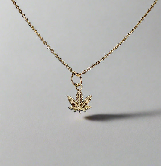 14K Solid Yellow Gold Tiny Delicate Marijuana Leaf / Cannabis Leaf Charm / Pendant 9mm x 7.2mm optional 14K Gold Cable Link Chain 16" or 18"