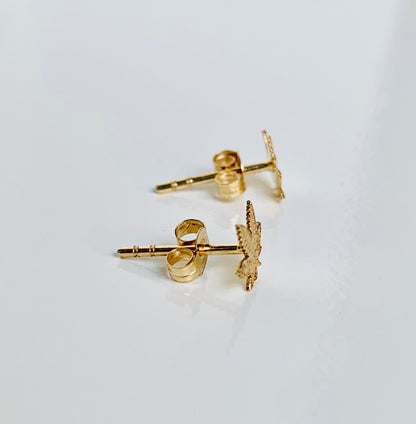 14K Solid Yellow Gold Tiny Delicate Marijuana Leaf / Cannabis Leaf Stud Earrings 5.5mm x 5.5mm