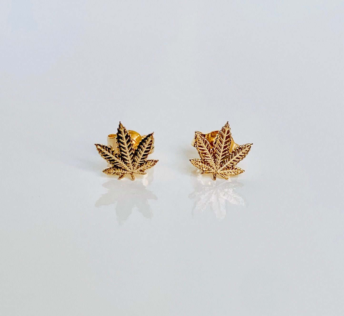 14K Solid Yellow Gold Tiny Delicate Marijuana Leaf / Cannabis Leaf Stud Earrings 5.5mm x 5.5mm