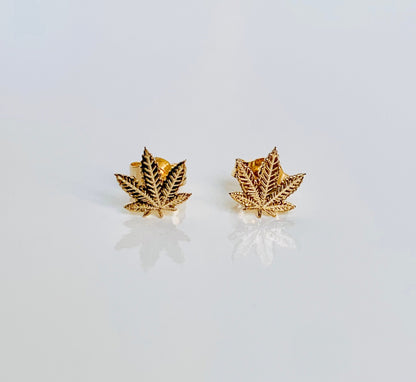 14K Solid Yellow Gold Tiny Delicate Marijuana Leaf / Cannabis Leaf Stud Earrings 5.5mm x 5.5mm