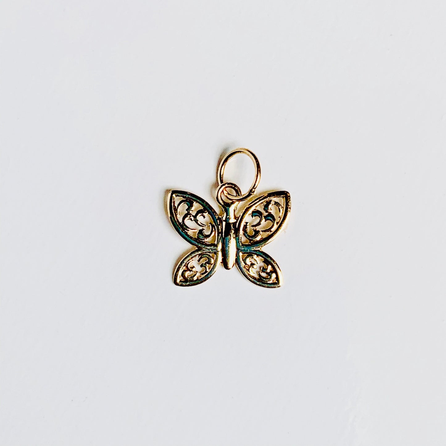 14K Solid Yellow Gold Delicate Filigree Butterfly Charm / Pendant 8mm x 94mm *optional 14K Gold Cable Link Chain 16" or 18"