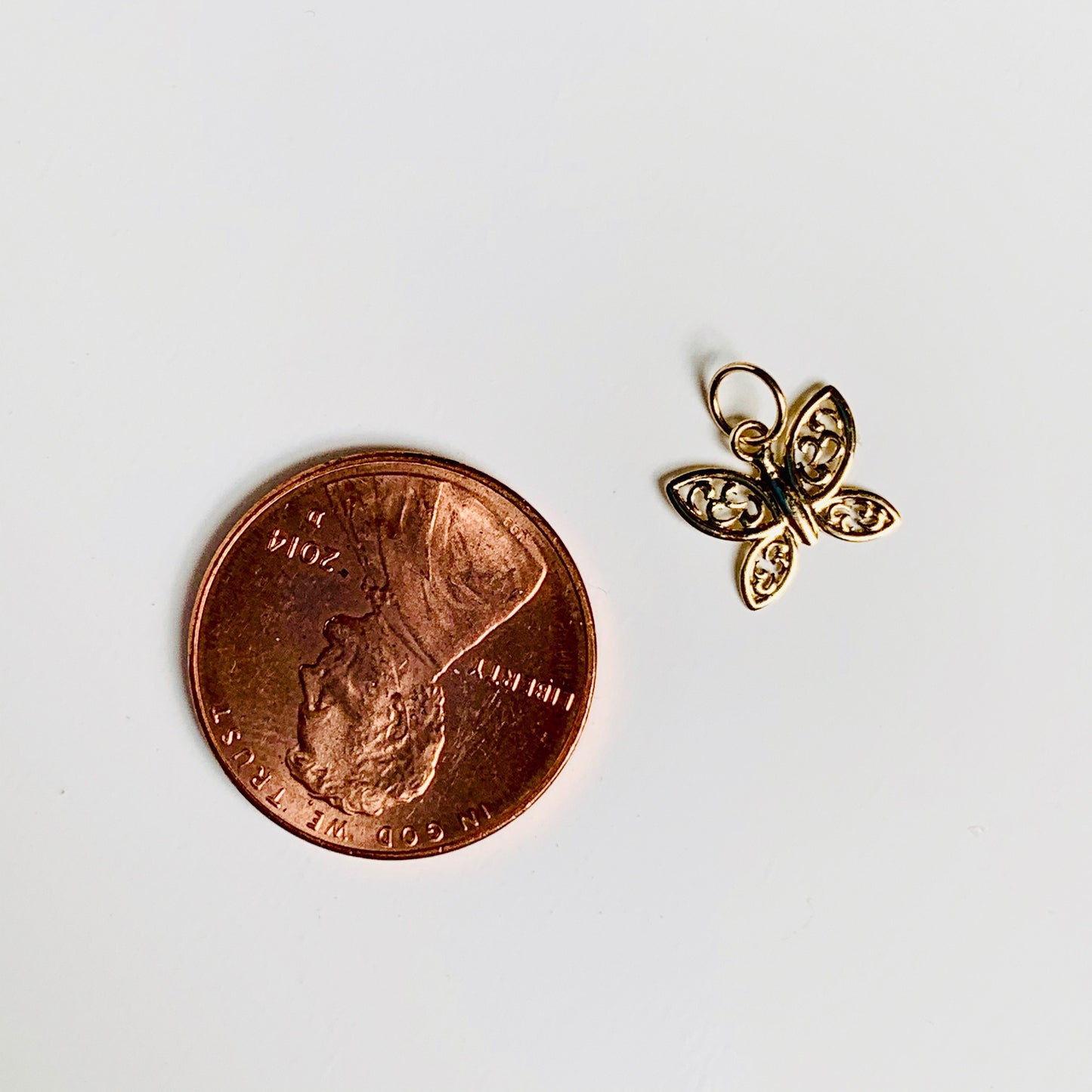 14K Solid Yellow Gold Delicate Filigree Butterfly Charm / Pendant 8mm x 94mm *optional 14K Gold Cable Link Chain 16" or 18"